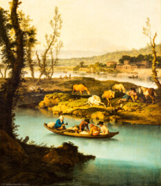 Schloss und Schlossgarten Schwetzingen - Garten - Badhaus - Von innen - Schreibzimmer - Landschaftsgemälde links des Fensters - Ausschnitt aus der idyllischen Flußlandschaft (Maler: Ferdinand Kobell (1740-1799), Datierung: 1773, Signatur unten links: "F. Kobell / 1773", Öl auf Leinwand, Breite x Höhe: 0,92 x 2,08 Meter, Werkverzeichnis Biedermann Nr. 64 / "Kahnfahrt") (Gesamter Bau: Länge x Breite ca. 18 x 14 Meter, Höhe ca. 10 Meter; Architekt: Nicolas de Pigage (1723-1796); Bauzeit: 1768-1772; Gesamtinstandsetzung innen und außen: 1999-2006) (aufgenommen im Juni 2026, am Nachmittag)