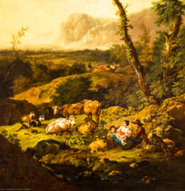 Schloss und Schlossgarten Schwetzingen - Garten - Badhaus - Von innen - Schreibzimmer - Landschaftsgemälde rechts der Tür - Ausschnitt aus der idyllischen Hirtenlandschaft (Maler: Ferdinand Kobell (1740-1799), Datierung: 1773, Signatur unten links: "F. Kobell f. 1773", Öl auf Leinwand, Breite x Höhe: 0,92 x 2,08 Meter, Werkverzeichnis Biedermann Nr. 61 / "Landschaft mit Herde und ruhenden Hirten") (Gesamter Bau: Länge x Breite ca. 18 x 14 Meter, Höhe ca. 10 Meter; Architekt: Nicolas de Pigage (1723-1796); Bauzeit: 1768-1772; Gesamtinstandsetzung innen und außen: 1999-2006) (aufgenommen im Juni 2026, am Nachmittag)