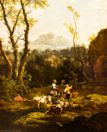 Schloss und Schlossgarten Schwetzingen - Garten - Badhaus - Von innen - Schreibzimmer - Landschaftsgemälde links der Tür - Ausschnitt aus der idyllischen Hirtenlandschaft (Maler: Ferdinand Kobell (1740-1799), Datierung: 1772, Signatur unten rechts: "Ferd. Kobell / pinxit 1772", Öl auf Leinwand, Breite x Höhe: 0,92 x 2,08 Meter, Werkverzeichnis Biedermann Nr. 60 / "Landschaft mit Hirten und Herde") (Gesamter Bau: Länge x Breite ca. 18 x 14 Meter, Höhe ca. 10 Meter; Architekt: Nicolas de Pigage (1723-1796); Bauzeit: 1768-1772; Gesamtinstandsetzung innen und außen: 1999-2006) (aufgenommen im Juni 2026, am späten Nachmittag)