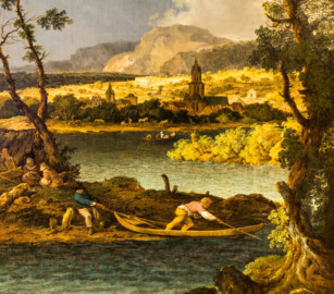 Schloss und Schlossgarten Schwetzingen - Garten - Badhaus - Von innen - Schreibzimmer - Landschaftsgemälde rechts des Fensters - Ausschnitt aus der idyllischen Flußlandschaft (Maler: Ferdinand Kobell (1740-1799), Datierung: 1773, Signatur unten Mitte: "F. Kobell / f: 1773", Öl auf Leinwand, Breite x Höhe: 0,92 x 2,08 Meter, Werkverzeichnis Biedermann Nr. 62 / "Gewitterlandschaft") (Gesamter Bau: Länge x Breite ca. 18 x 14 Meter, Höhe ca. 10 Meter; Architekt: Nicolas de Pigage (1723-1796); Bauzeit: 1768-1772; Gesamtinstandsetzung innen und außen: 1999-2006) (aufgenommen im Juni 2026, am Nachmittag)