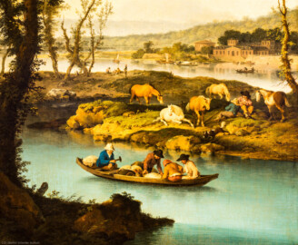 Schloss und Schlossgarten Schwetzingen - Garten - Badhaus - Von innen - Schreibzimmer - Landschaftsgemälde links des Fensters - Ausschnitt aus der idyllischen Flußlandschaft (Maler: Ferdinand Kobell (1740-1799), Datierung: 1773, Signatur unten links: "F. Kobell / 1773", Öl auf Leinwand, Breite x Höhe: 0,92 x 2,08 Meter, Werkverzeichnis Biedermann Nr. 64 / "Kahnfahrt") (Gesamter Bau: Länge x Breite ca. 18 x 14 Meter, Höhe ca. 10 Meter; Architekt: Nicolas de Pigage (1723-1796); Bauzeit: 1768-1772; Gesamtinstandsetzung innen und außen: 1999-2006) (aufgenommen im Juni 2026, am Nachmittag)