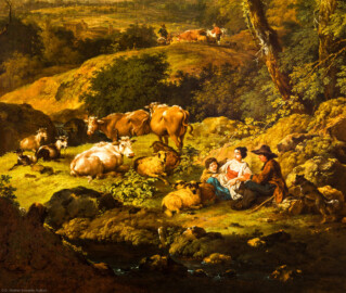 Schloss und Schlossgarten Schwetzingen - Garten - Badhaus - Von innen - Schreibzimmer - Landschaftsgemälde rechts der Tür - Ausschnitt aus der idyllischen Hirtenlandschaft (Maler: Ferdinand Kobell (1740-1799), Datierung: 1773, Signatur unten links: "F. Kobell f. 1773", Öl auf Leinwand, Breite x Höhe: 0,92 x 2,08 Meter, Werkverzeichnis Biedermann Nr. 61 / "Landschaft mit Herde und ruhenden Hirten") (Gesamter Bau: Länge x Breite ca. 18 x 14 Meter, Höhe ca. 10 Meter; Architekt: Nicolas de Pigage (1723-1796); Bauzeit: 1768-1772; Gesamtinstandsetzung innen und außen: 1999-2006) (aufgenommen im Juni 2026, am Nachmittag)