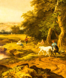 Schloss und Schlossgarten Schwetzingen - Garten - Badhaus - Von innen - Schreibzimmer - Landschaftsgemälde im Alkoven - Ausschnitt aus der idyllischen Hirtenlandschaft (Maler: Ferdinand Kobell (1740-1799), Datierung: 1773, Signatur unten rechts: "Ferdinand Kobell 1773", Öl auf Leinwand, Breite x Höhe 1,79 x 2,14 Meter, Werkverzeichnis Biedermann Nr. 68 / "Sommerlicher Tag") (Gesamter Bau: Länge x Breite ca. 18 x 14 Meter, Höhe ca. 10 Meter; Architekt: Nicolas de Pigage (1723-1796); Bauzeit: 1768-1772; Gesamtinstandsetzung innen und außen: 1999-2006) (aufgenommen im Juni 2026, am frühen  Nachmittag)