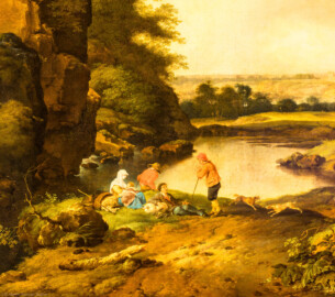 Schloss und Schlossgarten Schwetzingen - Garten - Badhaus - Von innen - Schreibzimmer - Landschaftsgemälde im Alkoven - Ausschnitt aus der idyllischen Hirtenlandschaft (Maler: Ferdinand Kobell (1740-1799), Datierung: 1773, Signatur unten rechts: "Ferdinand Kobell 1773", Öl auf Leinwand, Breite x Höhe 1,79 x 2,14 Meter, Werkverzeichnis Biedermann Nr. 68 / "Sommerlicher Tag") (Gesamter Bau: Länge x Breite ca. 18 x 14 Meter, Höhe ca. 10 Meter; Architekt: Nicolas de Pigage (1723-1796); Bauzeit: 1768-1772; Gesamtinstandsetzung innen und außen: 1999-2006) (aufgenommen im Juni 2026, am Nachmittag)