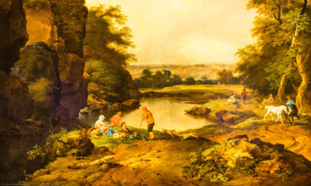 Schloss und Schlossgarten Schwetzingen - Garten - Badhaus - Von innen - Schreibzimmer - Landschaftsgemälde im Alkoven - Ausschnitt aus der idyllischen Hirtenlandschaft (Maler: Ferdinand Kobell (1740-1799), Datierung: 1773, Signatur unten rechts: "Ferdinand Kobell 1773", Öl auf Leinwand, Breite x Höhe 1,79 x 2,14 Meter, Werkverzeichnis Biedermann Nr. 68 / "Sommerlicher Tag") (Gesamter Bau: Länge x Breite ca. 18 x 14 Meter, Höhe ca. 10 Meter; Architekt: Nicolas de Pigage (1723-1796); Bauzeit: 1768-1772; Gesamtinstandsetzung innen und außen: 1999-2006) (aufgenommen im Juni 2026, am Nachmittag)