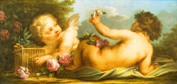 Schloss und Schlossgarten Schwetzingen - Garten - Badhaus - Von innen - Schlafzimmer - Kamin / Südwand - Gemälde am Kamintrumeau; rechts ein Putto in Rückenansicht, auf seinem rechten Arm lagernd, in der linken Hand ein Schmetterling; links ein weiterer Putto, in seinen Händen ein geöffneter Käfig, nach dem Schmetterling schauend (Maler: Nicolas Guibal (1725-1784), Datierung: wohl um 1770 bis 1772) (Gesamter Bau: Länge x Breite ca. 18 x 14 Meter, Höhe ca. 10 Meter; Architekt: Nicolas de Pigage (1723-1796); Bauzeit: 1768-1772; Gesamtinstandsetzung innen und außen: 1999-2006) (aufgenommen im Juni 2026, am Nachmittag)