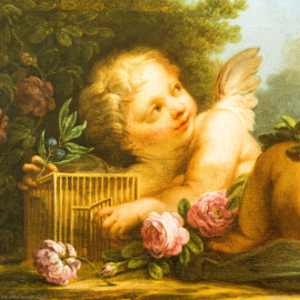 Schloss und Schlossgarten Schwetzingen - Garten - Badhaus - Von innen - Schlafzimmer - Kamin / Südwand - Ausschnitt aus dem Gemälde am Kamintrumeau; Putto, in seinen Händen ein geöffneter Käfig, nach einem Schmetterling schauend (Maler: Nicolas Guibal (1725-1784), Datierung: wohl um 1770 bis 1772) (Gesamter Bau: Länge x Breite ca. 18 x 14 Meter, Höhe ca. 10 Meter; Architekt: Nicolas de Pigage (1723-1796); Bauzeit: 1768-1772; Gesamtinstandsetzung innen und außen: 1999-2006) (aufgenommen im Juni 2026, am Nachmittag)