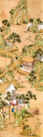 Schloss und Schlossgarten Schwetzingen - Garten - Badhaus - Von innen - Chinesisches Zimmer - Tapete, links der Tür - Chinesische Papiertapete - Darstellung von Szenen der Porzellanherstellung (Herkunft und Datierung: unbekannt; Breite x Höhe: ca. 2,5 x 0,85 Meter; Bahn herausgeschnitten aus größerer Tapete) (Gesamter Bau: Länge x Breite ca. 18 x 14 Meter, Höhe ca. 10 Meter; Architekt: Nicolas de Pigage (1723-1796); Bauzeit: 1768-1772; Gesamtinstandsetzung innen und außen: 1999-2006) (aufgenommen im Juni 2026, am späten Nachmittag)