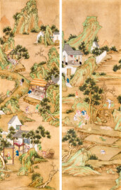 Schloss und Schlossgarten Schwetzingen - Garten - Badhaus - Von innen - Chinesisches Zimmer - Tapete, links und rechts der Tür - Collage aus 2 chinesischen Papiertapeten - Darstellung von Szenen der Porzellanherstellung und des Reisanbaus (Herkunft und Datierung: unbekannt; Breite x Höhe: ca. 2,5 x 0,85 Meter; Bahnen herausgeschnitten aus größerer Tapete) (Gesamter Bau: Länge x Breite ca. 18 x 14 Meter, Höhe ca. 10 Meter; Architekt: Nicolas de Pigage (1723-1796); Bauzeit: 1768-1772; Gesamtinstandsetzung innen und außen: 1999-2006) (aufgenommen im Juni 2026, am Nachmittag)