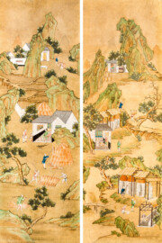 Schloss und Schlossgarten Schwetzingen - Garten - Badhaus - Von innen - Chinesisches Zimmer - Tapete, links und rechts des Kamins - Collage aus 2 chinesischen Papiertapeten - Darstellung von Szenen des Reisanbaus und der Porzellanherstellung  (Herkunft und Datierung: unbekannt; Breite x Höhe: ca. 2,5 x 0,85 Meter; Bahnen herausgeschnitten aus größerer Tapete) (Gesamter Bau: Länge x Breite ca. 18 x 14 Meter, Höhe ca. 10 Meter; Architekt: Nicolas de Pigage (1723-1796); Bauzeit: 1768-1772; Gesamtinstandsetzung innen und außen: 1999-2006) (aufgenommen im Juni 2026, am Nachmittag)