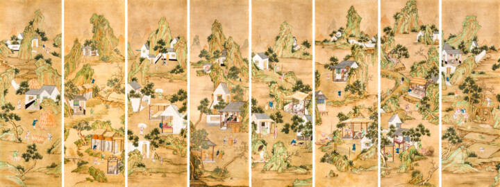 Schloss und Schlossgarten Schwetzingen - Garten - Badhaus - Von innen - Chinesisches Zimmer - Chinesische Papiertapeten - Collage aller 8 Tapeten (v.l.n.r.: links/rechts des Kamins, links/rechts des Wandschranks, links/rechts des Fensters, links/rechts der Tür) - Darstellung von Szenen des Reisanbaus, der Seidenherstellung und der Porzellanherstellung (Herkunft und Datierung: unbekannt; Breite x Höhe: ca. 2,5 x 0,85 Meter; Bahnen herausgeschnitten aus größerer Tapete) (Gesamter Bau: Länge x Breite ca. 18 x 14 Meter, Höhe ca. 10 Meter; Architekt: Nicolas de Pigage (1723-1796); Bauzeit: 1768-1772; Gesamtinstandsetzung innen und außen: 1999-2006) (aufgenommen im Juni 2026, am Nachmittag)