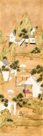 Schloss und Schlossgarten Schwetzingen - Garten - Badhaus - Von innen - Chinesisches Zimmer - Tapete, links des Wandschranks - Chinesische Papiertapete - Darstellung von Szenen der Seidenherstellung (Herkunft und Datierung: unbekannt; Breite x Höhe: ca. 2,5 x 0,85 Meter; Bahn herausgeschnitten aus größerer Tapete) (Gesamter Bau: Länge x Breite ca. 18 x 14 Meter, Höhe ca. 10 Meter; Architekt: Nicolas de Pigage (1723-1796); Bauzeit: 1768-1772; Gesamtinstandsetzung innen und außen: 1999-2006) (aufgenommen im Juni 2026, am frühen Nachmittag)