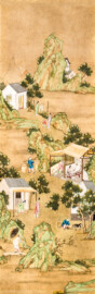 Schloss und Schlossgarten Schwetzingen - Garten - Badhaus - Von innen - Chinesisches Zimmer - Tapete, links des Fensters - Chinesische Papiertapete - Darstellung von Szenen der Seidenherstellung (Herkunft und Datierung: unbekannt; Breite x Höhe: ca. 2,5 x 0,85 Meter; Bahn herausgeschnitten aus größerer Tapete) (Gesamter Bau: Länge x Breite ca. 18 x 14 Meter, Höhe ca. 10 Meter; Architekt: Nicolas de Pigage (1723-1796); Bauzeit: 1768-1772; Gesamtinstandsetzung innen und außen: 1999-2006) (aufgenommen im Juni 2026, am frühen Nachmittag)