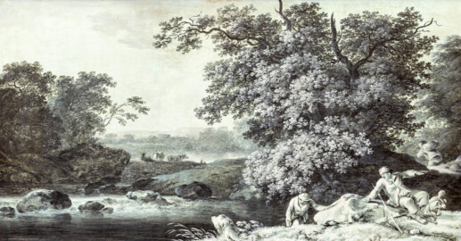 Schloss und Schlossgarten Schwetzingen - Garten - Badhaus - Von innen - Chinesisches Zimmer - Gemälde, am Kamintrumeau - Darstellung zweier lagernder Wanderer mit einem Hund an einem Gewässer, einer weiteren Person in Rückansicht mit einer Last auf dem Rücken, im Hintergrund weidende Kühe, in Grisaille-Technik gemalt (Maler: Ferdinand Kobell (1740-1799), Signatur: "F Kobell", Material: Öl auf Leinwand) (Gesamter Bau: Länge x Breite ca. 18 x 14 Meter, Höhe ca. 10 Meter; Architekt: Nicolas de Pigage (1723-1796); Bauzeit: 1768-1772; Gesamtinstandsetzung innen und außen: 1999-2006) (aufgenommen im Juni 2026, am Nachmittag)