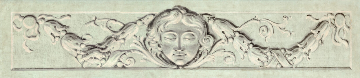 Schloss und Schlossgarten Schwetzingen - Garten - Badhaus - Von innen - Chinesisches Zimmer - Gemälde, oberhalb des Fensters - Darstellung eines Frauenkopfs mit einer Lorbeergirlande in Grisaille-Technik (Maler und Datierung: unbekannt) (Gesamter Bau: Länge x Breite ca. 18 x 14 Meter, Höhe ca. 10 Meter; Architekt: Nicolas de Pigage (1723-1796); Bauzeit: 1768-1772; Gesamtinstandsetzung innen und außen: 1999-2006) (aufgenommen im Juni 2026, am späten Nachmittag)