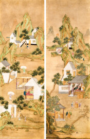 Schloss und Schlossgarten Schwetzingen - Garten - Badhaus - Von innen - Chinesisches Zimmer - Tapete, links und rechts des Wandschranks - Collage aus 2 chinesischen Papiertapeten - Darstellung von Szenen der Seidenherstellung und der Porzellanherstellung  (Herkunft und Datierung: unbekannt; Breite x Höhe: ca. 2,5 x 0,85 Meter; Bahnen herausgeschnitten aus größerer Tapete) (Gesamter Bau: Länge x Breite ca. 18 x 14 Meter, Höhe ca. 10 Meter; Architekt: Nicolas de Pigage (1723-1796); Bauzeit: 1768-1772; Gesamtinstandsetzung innen und außen: 1999-2006) (aufgenommen im Juni 2026, am Nachmittag)