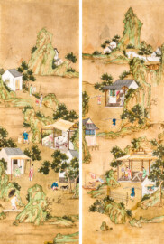 Schloss und Schlossgarten Schwetzingen - Garten - Badhaus - Von innen - Chinesisches Zimmer - Tapete, links und rechts des Fensters - Collage aus 2 chinesischen Papiertapeten - Darstellung von Szenen der Seidenherstellung und der Porzellanherstellung  (Herkunft und Datierung: unbekannt; Breite x Höhe: ca. 2,5 x 0,85 Meter; Bahnen herausgeschnitten aus größerer Tapete) (Gesamter Bau: Länge x Breite ca. 18 x 14 Meter, Höhe ca. 10 Meter; Architekt: Nicolas de Pigage (1723-1796); Bauzeit: 1768-1772; Gesamtinstandsetzung innen und außen: 1999-2006) (aufgenommen im Juni 2026, am Nachmittag)