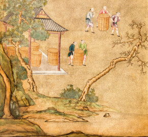 Schloss und Schlossgarten Schwetzingen - Garten - Badhaus - Von innen - Chinesisches Zimmer - Tapete, rechts des Wandschranks, unten  - Ausschnitt aus der chinesischen Papiertapete - Darstellung von Szenen der Porzellanherstellung (Herkunft und Datierung: unbekannt; Breite x Höhe: ca. 2,5 x 0,85 Meter; Bahn herausgeschnitten aus größerer Tapete) (Gesamter Bau: Länge x Breite ca. 18 x 14 Meter, Höhe ca. 10 Meter; Architekt: Nicolas de Pigage (1723-1796); Bauzeit: 1768-1772; Gesamtinstandsetzung innen und außen: 1999-2006) (aufgenommen im Juli 2026, am frühen Nachmittag)
