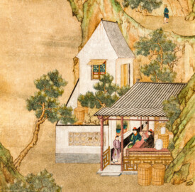 Schloss und Schlossgarten Schwetzingen - Garten - Badhaus - Von innen - Chinesisches Zimmer - Tapete, rechts des Wandschranks, mittig  - Ausschnitt aus der chinesischen Papiertapete - Darstellung von Szenen der Porzellanherstellung (Herkunft und Datierung: unbekannt; Breite x Höhe: ca. 2,5 x 0,85 Meter; Bahn herausgeschnitten aus größerer Tapete) (Gesamter Bau: Länge x Breite ca. 18 x 14 Meter, Höhe ca. 10 Meter; Architekt: Nicolas de Pigage (1723-1796); Bauzeit: 1768-1772; Gesamtinstandsetzung innen und außen: 1999-2006) (aufgenommen im Juli 2026, am frühen Nachmittag)