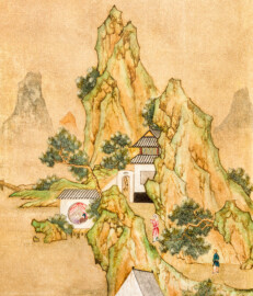 Schloss und Schlossgarten Schwetzingen - Garten - Badhaus - Von innen - Chinesisches Zimmer - Tapete, rechts des Wandschranks, oben  - Ausschnitt aus der chinesischen Papiertapete - Darstellung von Szenen der Porzellanherstellung (Herkunft und Datierung: unbekannt; Breite x Höhe: ca. 2,5 x 0,85 Meter; Bahn herausgeschnitten aus größerer Tapete) (Gesamter Bau: Länge x Breite ca. 18 x 14 Meter, Höhe ca. 10 Meter; Architekt: Nicolas de Pigage (1723-1796); Bauzeit: 1768-1772; Gesamtinstandsetzung innen und außen: 1999-2006) (aufgenommen im Juli 2026, am frühen Nachmittag)