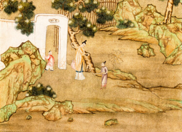 Schloss und Schlossgarten Schwetzingen - Garten - Badhaus - Von innen - Chinesisches Zimmer - Tapete, links des Wandschranks, unten - Ausschnitt aus der chinesischen Papiertapete - Darstellung von Szenen der Seidenherstellung (Herkunft und Datierung: unbekannt; Breite x Höhe: ca. 2,5 x 0,85 Meter; Bahn herausgeschnitten aus größerer Tapete) (Gesamter Bau: Länge x Breite ca. 18 x 14 Meter, Höhe ca. 10 Meter; Architekt: Nicolas de Pigage (1723-1796); Bauzeit: 1768-1772; Gesamtinstandsetzung innen und außen: 1999-2006) (aufgenommen im Juli 2026, am frühen Nachmittag)