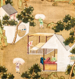 Schloss und Schlossgarten Schwetzingen - Garten - Badhaus - Von innen - Chinesisches Zimmer - Tapete, links des Wandschranks, mittig - Ausschnitt aus der chinesischen Papiertapete - Darstellung von Szenen der Seidenherstellung (Herkunft und Datierung: unbekannt; Breite x Höhe: ca. 2,5 x 0,85 Meter; Bahn herausgeschnitten aus größerer Tapete) (Gesamter Bau: Länge x Breite ca. 18 x 14 Meter, Höhe ca. 10 Meter; Architekt: Nicolas de Pigage (1723-1796); Bauzeit: 1768-1772; Gesamtinstandsetzung innen und außen: 1999-2006) (aufgenommen im Juli 2026, am frühen Nachmittag)