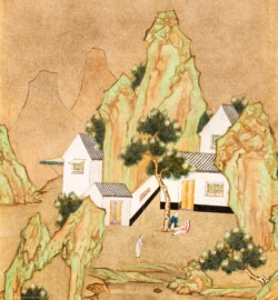 Schloss und Schlossgarten Schwetzingen - Garten - Badhaus - Von innen - Chinesisches Zimmer - Tapete, links des Wandschranks, oben - Ausschnitt aus der chinesischen Papiertapete - Darstellung von Szenen der Seidenherstellung (Herkunft und Datierung: unbekannt; Breite x Höhe: ca. 2,5 x 0,85 Meter; Bahn herausgeschnitten aus größerer Tapete) (Gesamter Bau: Länge x Breite ca. 18 x 14 Meter, Höhe ca. 10 Meter; Architekt: Nicolas de Pigage (1723-1796); Bauzeit: 1768-1772; Gesamtinstandsetzung innen und außen: 1999-2006) (aufgenommen im Juli 2026, am frühen Nachmittag)