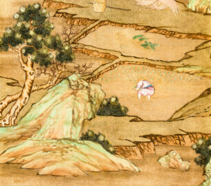 Schloss und Schlossgarten Schwetzingen - Garten - Badhaus - Von innen - Chinesisches Zimmer - Tapete, rechts der Tür, unten - Ausschnitt aus der chinesischen Papiertapete - Darstellung von Szenen des Reisanbaus (Herkunft und Datierung: unbekannt; Breite x Höhe: ca. 2,5 x 0,85 Meter; Bahn herausgeschnitten aus größerer Tapete) (Gesamter Bau: Länge x Breite ca. 18 x 14 Meter, Höhe ca. 10 Meter; Architekt: Nicolas de Pigage (1723-1796); Bauzeit: 1768-1772; Gesamtinstandsetzung innen und außen: 1999-2006) (aufgenommen im Juli 2026, am Nachmittag)