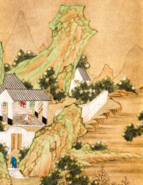 Schloss und Schlossgarten Schwetzingen - Garten - Badhaus - Von innen - Chinesisches Zimmer - Tapete, rechts der Tür, oben - Ausschnitt aus der chinesischen Papiertapete - Darstellung von Szenen des Reisanbaus (Herkunft und Datierung: unbekannt; Breite x Höhe: ca. 2,5 x 0,85 Meter; Bahn herausgeschnitten aus größerer Tapete) (Gesamter Bau: Länge x Breite ca. 18 x 14 Meter, Höhe ca. 10 Meter; Architekt: Nicolas de Pigage (1723-1796); Bauzeit: 1768-1772; Gesamtinstandsetzung innen und außen: 1999-2006) (aufgenommen im Juli 2026, am Nachmittag)