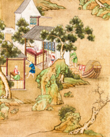 Schloss und Schlossgarten Schwetzingen - Garten - Badhaus - Von innen - Chinesisches Zimmer - Tapete, links der Tür, unten - Ausschnitt aus der chinesischen Papiertapete - Darstellung von Szenen der Porzellanherstellung (Herkunft und Datierung: unbekannt; Breite x Höhe: ca. 2,5 x 0,85 Meter; Bahn herausgeschnitten aus größerer Tapete) (Gesamter Bau: Länge x Breite ca. 18 x 14 Meter, Höhe ca. 10 Meter; Architekt: Nicolas de Pigage (1723-1796); Bauzeit: 1768-1772; Gesamtinstandsetzung innen und außen: 1999-2006) (aufgenommen im Juli 2026, am Nachmittag)