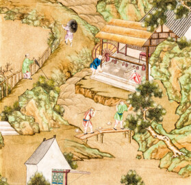 Schloss und Schlossgarten Schwetzingen - Garten - Badhaus - Von innen - Chinesisches Zimmer - Tapete, links der Tür, mittig - Ausschnitt aus der chinesischen Papiertapete - Darstellung von Szenen der Porzellanherstellung (Herkunft und Datierung: unbekannt; Breite x Höhe: ca. 2,5 x 0,85 Meter; Bahn herausgeschnitten aus größerer Tapete) (Gesamter Bau: Länge x Breite ca. 18 x 14 Meter, Höhe ca. 10 Meter; Architekt: Nicolas de Pigage (1723-1796); Bauzeit: 1768-1772; Gesamtinstandsetzung innen und außen: 1999-2006) (aufgenommen im Juli 2026, am Nachmittag)