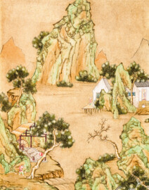 Schloss und Schlossgarten Schwetzingen - Garten - Badhaus - Von innen - Chinesisches Zimmer - Tapete, links der Tür, oben - Ausschnitt aus der chinesischen Papiertapete - Darstellung von Szenen der Porzellanherstellung (Herkunft und Datierung: unbekannt; Breite x Höhe: ca. 2,5 x 0,85 Meter; Bahn herausgeschnitten aus größerer Tapete) (Gesamter Bau: Länge x Breite ca. 18 x 14 Meter, Höhe ca. 10 Meter; Architekt: Nicolas de Pigage (1723-1796); Bauzeit: 1768-1772; Gesamtinstandsetzung innen und außen: 1999-2006) (aufgenommen im Juli 2026, am Nachmittag)
