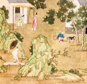 Schloss und Schlossgarten Schwetzingen - Garten - Badhaus - Von innen - Chinesisches Zimmer - Tapete, links des Fensters, unten - Ausschnitt aus der chinesischen Papiertapete - Darstellung von Szenen der Seidenherstellung (Herkunft und Datierung: unbekannt; Breite x Höhe: ca. 2,5 x 0,85 Meter; Bahn herausgeschnitten aus größerer Tapete) (Gesamter Bau: Länge x Breite ca. 18 x 14 Meter, Höhe ca. 10 Meter; Architekt: Nicolas de Pigage (1723-1796); Bauzeit: 1768-1772; Gesamtinstandsetzung innen und außen: 1999-2006) (aufgenommen im Juli 2026, am Nachmittag)