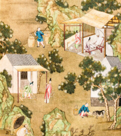 Schloss und Schlossgarten Schwetzingen - Garten - Badhaus - Von innen - Chinesisches Zimmer - Tapete, links des Fensters, mittig - Ausschnitt aus der chinesischen Papiertapete - Darstellung von Szenen der Seidenherstellung (Herkunft und Datierung: unbekannt; Breite x Höhe: ca. 2,5 x 0,85 Meter; Bahn herausgeschnitten aus größerer Tapete) (Gesamter Bau: Länge x Breite ca. 18 x 14 Meter, Höhe ca. 10 Meter; Architekt: Nicolas de Pigage (1723-1796); Bauzeit: 1768-1772; Gesamtinstandsetzung innen und außen: 1999-2006) (aufgenommen im Juli 2026, am Nachmittag)