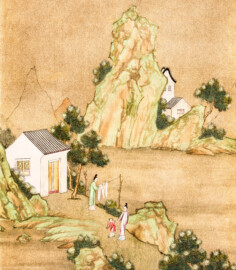 Schloss und Schlossgarten Schwetzingen - Garten - Badhaus - Von innen - Chinesisches Zimmer - Tapete, links des Fensters, oben - Ausschnitt aus der chinesischen Papiertapete - Darstellung von Szenen der Seidenherstellung (Herkunft und Datierung: unbekannt; Breite x Höhe: ca. 2,5 x 0,85 Meter; Bahn herausgeschnitten aus größerer Tapete) (Gesamter Bau: Länge x Breite ca. 18 x 14 Meter, Höhe ca. 10 Meter; Architekt: Nicolas de Pigage (1723-1796); Bauzeit: 1768-1772; Gesamtinstandsetzung innen und außen: 1999-2006) (aufgenommen im Juli 2026, am Nachmittag)