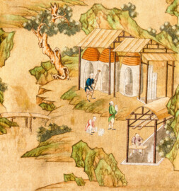 Schloss und Schlossgarten Schwetzingen - Garten - Badhaus - Von innen - Chinesisches Zimmer - Tapete, rechts des Kamins, unten - Ausschnitt aus der chinesischen Papiertapete - Darstellung von Szenen der Porzellanherstellung (Herkunft und Datierung: unbekannt; Breite x Höhe: ca. 2,5 x 0,85 Meter; Bahn herausgeschnitten aus größerer Tapete) (Gesamter Bau: Länge x Breite ca. 18 x 14 Meter, Höhe ca. 10 Meter; Architekt: Nicolas de Pigage (1723-1796); Bauzeit: 1768-1772; Gesamtinstandsetzung innen und außen: 1999-2006) (aufgenommen im Juli 2026, am Nachmittag)