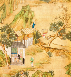 Schloss und Schlossgarten Schwetzingen - Garten - Badhaus - Von innen - Chinesisches Zimmer - Tapete, rechts des Kamins, mittig - Ausschnitt aus der chinesischen Papiertapete - Darstellung von Szenen der Porzellanherstellung (Herkunft und Datierung: unbekannt; Breite x Höhe: ca. 2,5 x 0,85 Meter; Bahn herausgeschnitten aus größerer Tapete) (Gesamter Bau: Länge x Breite ca. 18 x 14 Meter, Höhe ca. 10 Meter; Architekt: Nicolas de Pigage (1723-1796); Bauzeit: 1768-1772; Gesamtinstandsetzung innen und außen: 1999-2006) (aufgenommen im Juli 2026, am späten Nachmittag)