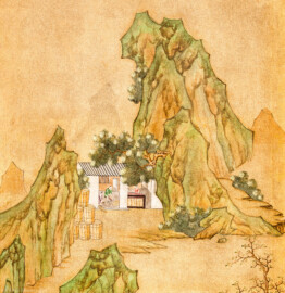 Schloss und Schlossgarten Schwetzingen - Garten - Badhaus - Von innen - Chinesisches Zimmer - Tapete, rechts des Kamins, oben - Ausschnitt aus der chinesischen Papiertapete - Darstellung von Szenen der Porzellanherstellung (Herkunft und Datierung: unbekannt; Breite x Höhe: ca. 2,5 x 0,85 Meter; Bahn herausgeschnitten aus größerer Tapete) (Gesamter Bau: Länge x Breite ca. 18 x 14 Meter, Höhe ca. 10 Meter; Architekt: Nicolas de Pigage (1723-1796); Bauzeit: 1768-1772; Gesamtinstandsetzung innen und außen: 1999-2006) (aufgenommen im Juli 2026, am späten Nachmittag)