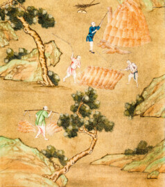 Schloss und Schlossgarten Schwetzingen - Garten - Badhaus - Von innen - Chinesisches Zimmer - Tapete, links des Kamins, unten - Ausschnitt aus der chinesischen Papiertapete - Darstellung von Szenen des Reisanbaus (Herkunft und Datierung: unbekannt; Breite x Höhe: ca. 2,5 x 0,85 Meter; Bahn herausgeschnitten aus größerer Tapete) (Gesamter Bau: Länge x Breite ca. 18 x 14 Meter, Höhe ca. 10 Meter; Architekt: Nicolas de Pigage (1723-1796); Bauzeit: 1768-1772; Gesamtinstandsetzung innen und außen: 1999-2006) (aufgenommen im Juli 2026, am späten Nachmittag)