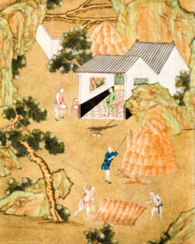 Schloss und Schlossgarten Schwetzingen - Garten - Badhaus - Von innen - Chinesisches Zimmer - Tapete, links des Kamins, mittig - Ausschnitt aus der chinesischen Papiertapete - Darstellung von Szenen des Reisanbaus (Herkunft und Datierung: unbekannt; Breite x Höhe: ca. 2,5 x 0,85 Meter; Bahn herausgeschnitten aus größerer Tapete) (Gesamter Bau: Länge x Breite ca. 18 x 14 Meter, Höhe ca. 10 Meter; Architekt: Nicolas de Pigage (1723-1796); Bauzeit: 1768-1772; Gesamtinstandsetzung innen und außen: 1999-2006) (aufgenommen im Juli 2026, am späten Nachmittag)