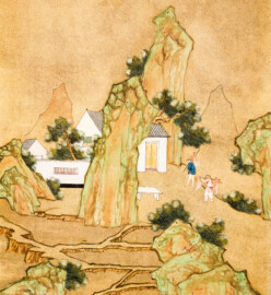 Schloss und Schlossgarten Schwetzingen - Garten - Badhaus - Von innen - Chinesisches Zimmer - Tapete, links des Kamins, oben - Ausschnitt aus der chinesischen Papiertapete - Darstellung von Szenen des Reisanbaus (Herkunft und Datierung: unbekannt; Breite x Höhe: ca. 2,5 x 0,85 Meter; Bahn herausgeschnitten aus größerer Tapete) (Gesamter Bau: Länge x Breite ca. 18 x 14 Meter, Höhe ca. 10 Meter; Architekt: Nicolas de Pigage (1723-1796); Bauzeit: 1768-1772; Gesamtinstandsetzung innen und außen: 1999-2006) (aufgenommen im Juli 2026, am späten Nachmittag)
