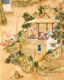 Schloss und Schlossgarten Schwetzingen - Garten - Badhaus - Von innen - Chinesisches Zimmer - Tapete, rechts des Fensters, unten - Ausschnitt aus der chinesischen Papiertapete - Darstellung von Szenen der Porzellanherstellung (Herkunft und Datierung: unbekannt; Breite x Höhe: ca. 2,5 x 0,85 Meter; Bahn herausgeschnitten aus größerer Tapete) (Gesamter Bau: Länge x Breite ca. 18 x 14 Meter, Höhe ca. 10 Meter; Architekt: Nicolas de Pigage (1723-1796); Bauzeit: 1768-1772; Gesamtinstandsetzung innen und außen: 1999-2006) (aufgenommen im Juli 2026, am späten Nachmittag)