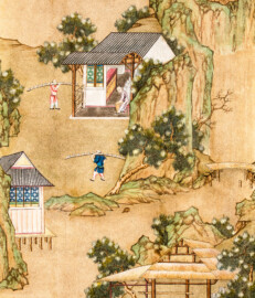 Schloss und Schlossgarten Schwetzingen - Garten - Badhaus - Von innen - Chinesisches Zimmer - Tapete, rechts des Fensters, mittig - Ausschnitt aus der chinesischen Papiertapete - Darstellung von Szenen der Porzellanherstellung (Herkunft und Datierung: unbekannt; Breite x Höhe: ca. 2,5 x 0,85 Meter; Bahn herausgeschnitten aus größerer Tapete) (Gesamter Bau: Länge x Breite ca. 18 x 14 Meter, Höhe ca. 10 Meter; Architekt: Nicolas de Pigage (1723-1796); Bauzeit: 1768-1772; Gesamtinstandsetzung innen und außen: 1999-2006) (aufgenommen im Juli 2026, am späten Nachmittag)