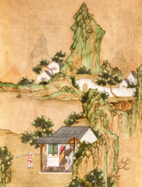 Schloss und Schlossgarten Schwetzingen - Garten - Badhaus - Von innen - Chinesisches Zimmer - Tapete, rechts des Fensters, oben - Ausschnitt aus der chinesischen Papiertapete - Darstellung von Szenen der Porzellanherstellung (Herkunft und Datierung: unbekannt; Breite x Höhe: ca. 2,5 x 0,85 Meter; Bahn herausgeschnitten aus größerer Tapete) (Gesamter Bau: Länge x Breite ca. 18 x 14 Meter, Höhe ca. 10 Meter; Architekt: Nicolas de Pigage (1723-1796); Bauzeit: 1768-1772; Gesamtinstandsetzung innen und außen: 1999-2006) (aufgenommen im Juli 2026, am späten Nachmittag)