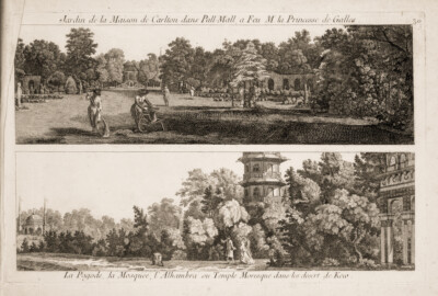 Schloss und Schlossgarten Schwetzingen - Tafel 30 "Jardin de la Maison de Carlton dans Pall-Mall, a Feu M. la Princesse de Galles; La Pagode, la Mosquée, l'Alhambra ou Temple Moresque dans les desert de Kew" des Werks "George Louis Le Rouge: Detail des nouveaux jardins a la mode. 6e cahier. Serrail et jardins du grand seigneur - 1777" (Bildnachweis: University of Wisconsin, https://digital.library.wisc.edu/1711.dl/VVHZLYPGHF4LT8E, Public Domain) Schloss und Schlossgarten Schwetzingen - Tafel 30 "Jardin de la Maison de Carlton dans Pall-Mall, a Feu M. la Princesse de Galles; La Pagode, la Mosquée, l'Alhambra ou Temple Moresque dans les desert de Kew" des Werks "George Louis Le Rouge: Detail des nouveaux jardins a la mode. 6e cahier. Serrail et jardins du grand seigneur - 1777" (Bildnachweis: University of Wisconsin, https://digital.library.wisc.edu/1711.dl/VVHZLYPGHF4LT8E, Public Domain)