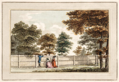 Schloss und Schlossgarten Schwetzingen - "No. I. A scene in the garden at Brandsbury, where a sunk fence is used instead of the pale, which had been so injudiciously placed as to exclude a very rich and distant prospect." aus "Humphry Repton - Sketches and hints on landscape gardening - 1794" (Bildnachweis: University of Wisconsin, https://digital.library.wisc.edu/1711.dl/GRI3MYTLTX2GJ86, gemeinfrei) Schloss und Schlossgarten Schwetzingen - "No. I. A scene in the garden at Brandsbury, where a sunk fence is used instead of the pale, which had been so injudiciously placed as to exclude a very rich and distant prospect." aus "Humphry Repton - Sketches and hints on landscape gardening - 1794" (Bildnachweis: University of Wisconsin, https://digital.library.wisc.edu/1711.dl/GRI3MYTLTX2GJ86, gemeinfrei)