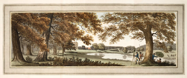 Schloss und Schlossgarten Schwetzingen - "XI. A view of the water, and some of the large oaks, at Welbeck. The lake is here altered to a river; and the ground being raised near the house, the situation of the building is in appearance considerably elevated." aus "Humphry Repton - Sketches and hints on landscape gardening - 1794" (Bildnachweis: University of Wisconsin, https://digital.library.wisc.edu/1711.dl/GRI3MYTLTX2GJ86, gemeinfrei) Schloss und Schlossgarten Schwetzingen - "XI. A view of the water, and some of the large oaks, at Welbeck. The lake is here altered to a river; and the ground being raised near the house, the situation of the building is in appearance considerably elevated." aus "Humphry Repton - Sketches and hints on landscape gardening - 1794" (Bildnachweis: University of Wisconsin, https://digital.library.wisc.edu/1711.dl/GRI3MYTLTX2GJ86, gemeinfrei)