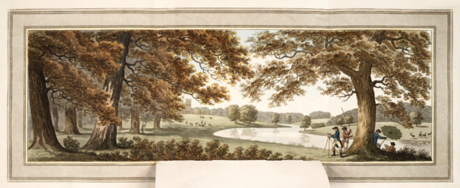 Schloss und Schlossgarten Schwetzingen - "XI. A view of the water, and some of the large oaks, at Welbeck. The lake is here altered to a river; and the ground being raised near the house, the situation of the building is in appearance considerably elevated." aus "Humphry Repton - Sketches and hints on landscape gardening - 1794" (Bildnachweis: University of Wisconsin, https://digital.library.wisc.edu/1711.dl/GRI3MYTLTX2GJ86, gemeinfrei) Schloss und Schlossgarten Schwetzingen - "XI. A view of the water, and some of the large oaks, at Welbeck. The lake is here altered to a river; and the ground being raised near the house, the situation of the building is in appearance considerably elevated." aus "Humphry Repton - Sketches and hints on landscape gardening - 1794" (Bildnachweis: University of Wisconsin, https://digital.library.wisc.edu/1711.dl/GRI3MYTLTX2GJ86, gemeinfrei)
