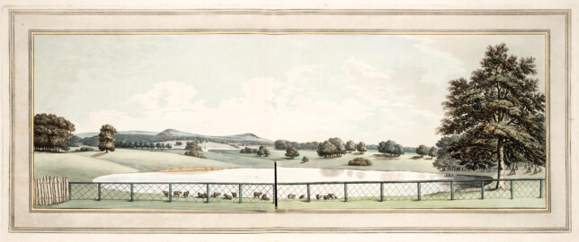 Schloss und Schlossgarten Schwetzingen - "XII. View from the house at Tatton, showing the manner of connecting the two waters; and also the effect of the net-fence as a false scale, which lessens the size of the nearest water." aus "Humphry Repton - Sketches and hints on landscape gardening - 1794" (Bildnachweis: University of Wisconsin, https://digital.library.wisc.edu/1711.dl/GRI3MYTLTX2GJ86, gemeinfrei) Schloss und Schlossgarten Schwetzingen - "XII. View from the house at Tatton, showing the manner of connecting the two waters; and also the effect of the net-fence as a false scale, which lessens the size of the nearest water." aus "Humphry Repton - Sketches and hints on landscape gardening - 1794" (Bildnachweis: University of Wisconsin, https://digital.library.wisc.edu/1711.dl/GRI3MYTLTX2GJ86, gemeinfrei)