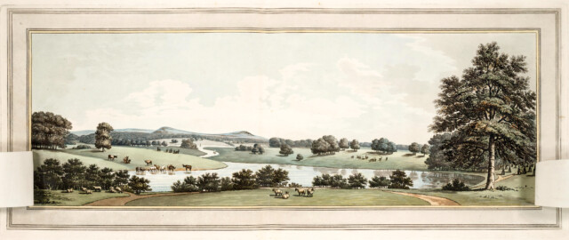 Schloss und Schlossgarten Schwetzingen - "XII. View from the house at Tatton, showing the manner of connecting the two waters; and also the effect of the net-fence as a false scale, which lessens the size of the nearest water." aus "Humphry Repton - Sketches and hints on landscape gardening - 1794" (Bildnachweis: University of Wisconsin, https://digital.library.wisc.edu/1711.dl/GRI3MYTLTX2GJ86, gemeinfrei) Schloss und Schlossgarten Schwetzingen - "XII. View from the house at Tatton, showing the manner of connecting the two waters; and also the effect of the net-fence as a false scale, which lessens the size of the nearest water." aus "Humphry Repton - Sketches and hints on landscape gardening - 1794" (Bildnachweis: University of Wisconsin, https://digital.library.wisc.edu/1711.dl/GRI3MYTLTX2GJ86, gemeinfrei)
